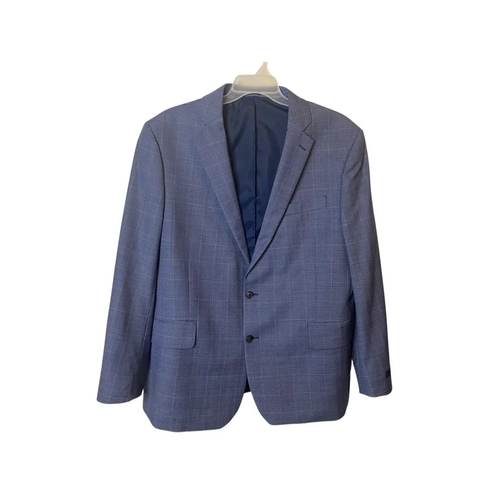 Stafford Coolmax Sports Coat Blazer Men's 50 R Windowpane Plaid Blue Wool Blend